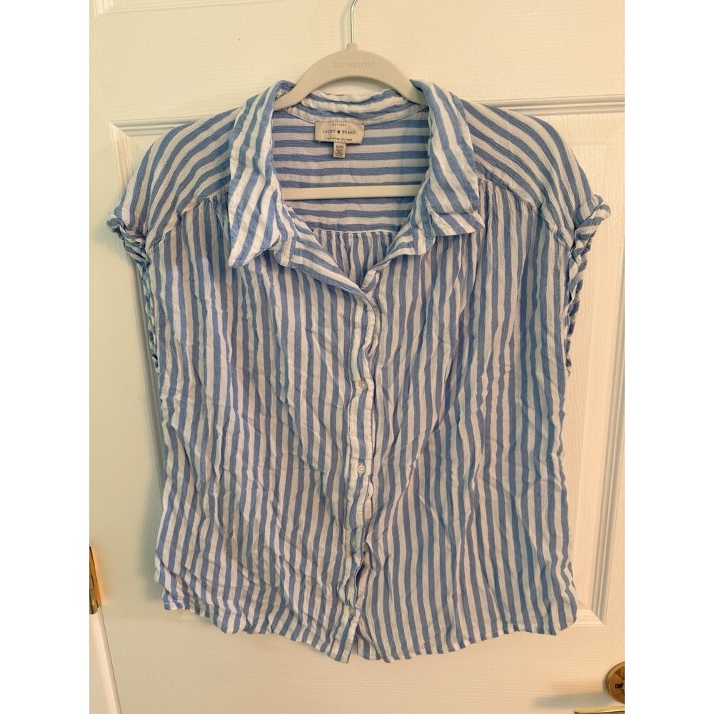 Lucky Brand Women`s White Blue Striped Button Down Shirt / Size 1X Sleeveless